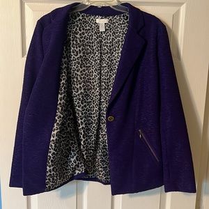 Chico’s Women’s Purple Blazer w/Leopard Print Lining Zipper Front Pockets